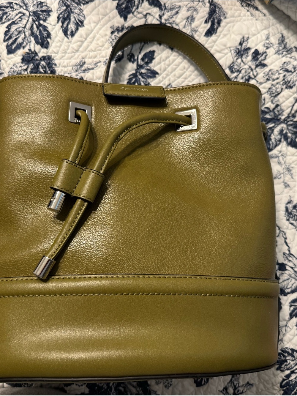 Olive Green Leather Drawstring Tote - Calvin Klein